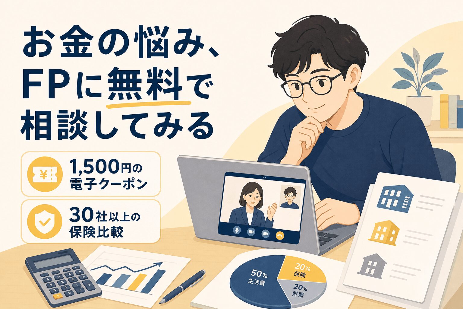 お金の不安を軽減する第一歩!について国家資格FPによる無料相談や保険から家計まで幅広く対応などの要素を描いたイラスト