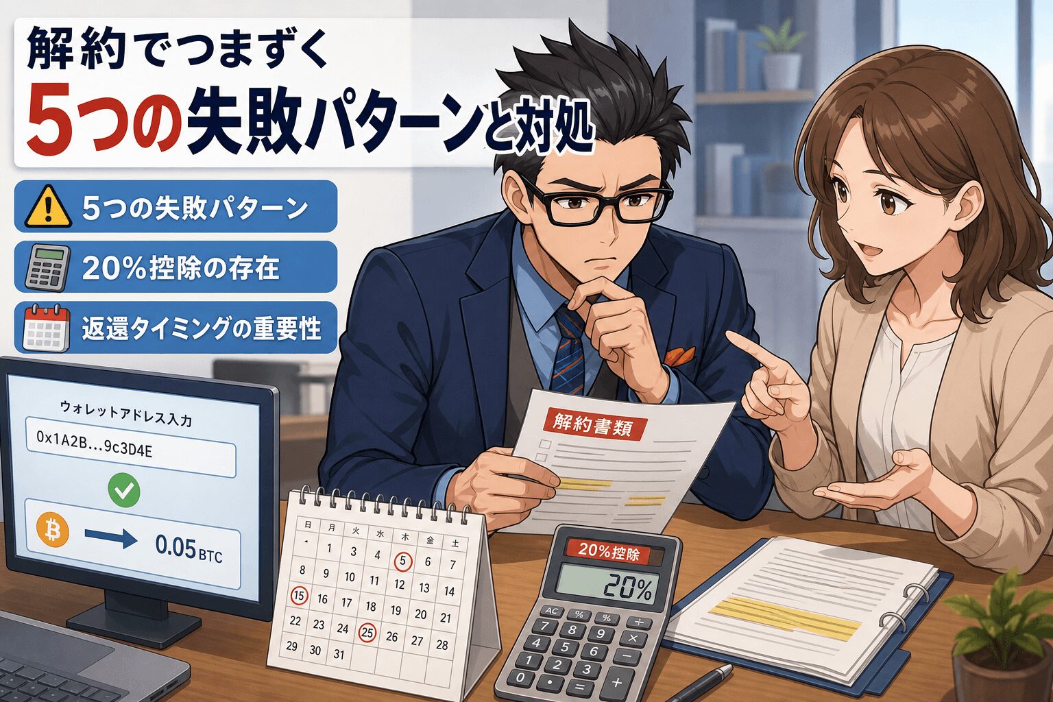 解約で後悔しないために知っておくべきことについて5つの失敗パターンや20%控除の存在や返還タイミングの重要性などの要素を描いたイラスト