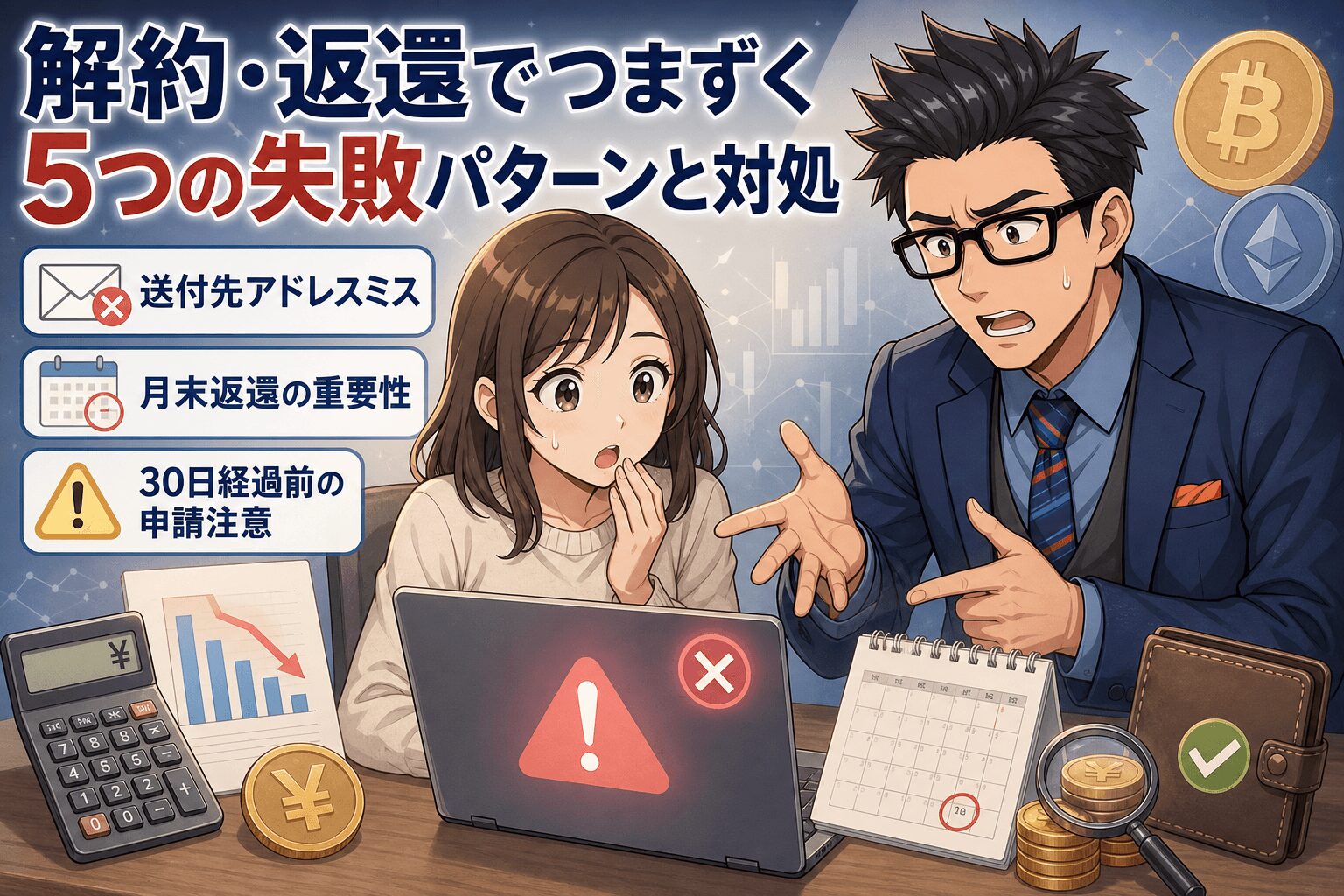 あなたの資産を守るために!について送付先アドレスミスや月末返還の重要性や30日経過前の申請注意などの要素を描いたイラスト