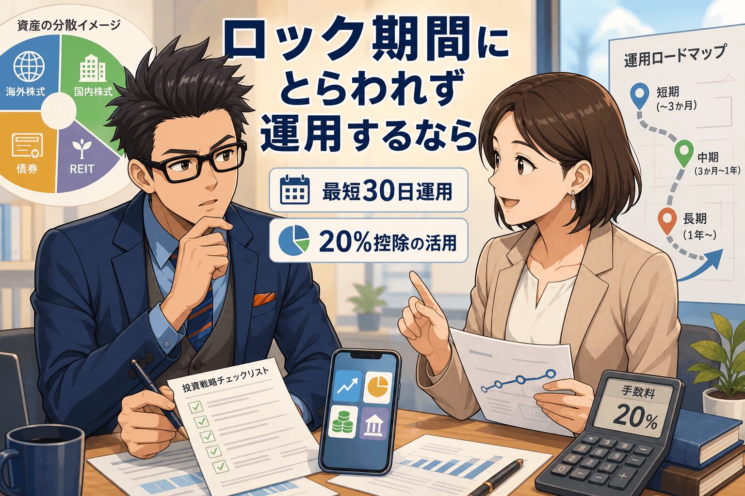 自由な資産運用の新常識について最短30日運用や20%控除の活用などの要素を描いたイラスト