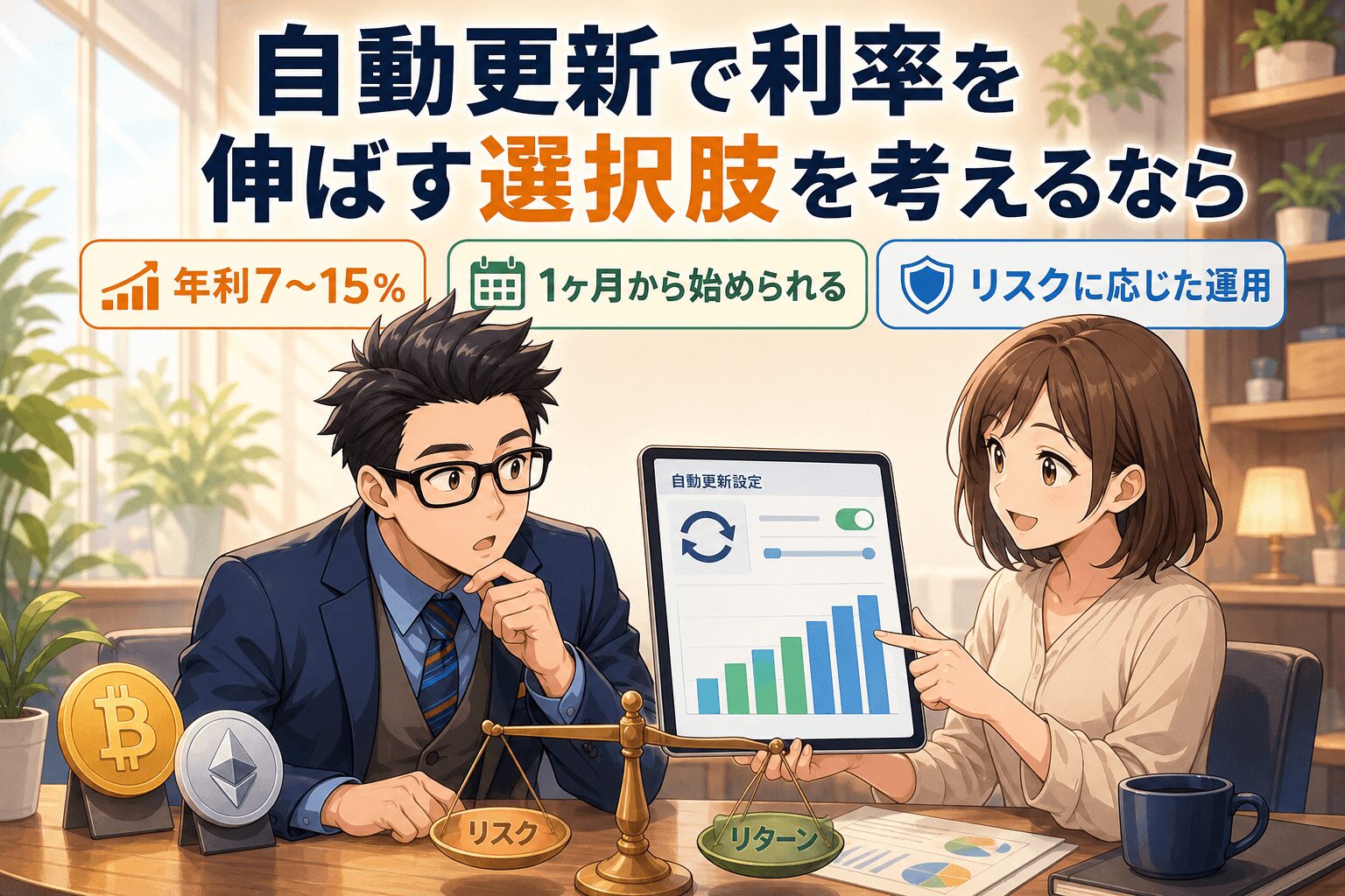 自動更新で利率を最大化する方法!について年利7〜15%や1ヶ月から始められるやリスクに応じた運用などの要素を描いたイラスト